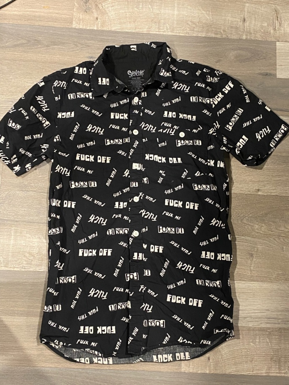 Spencer's Black Short-Sleeve Button-Up Shirt with White All-Over Text